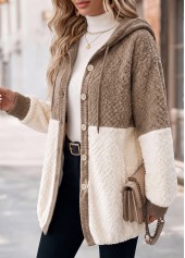 Light Camel Patchwork Long Sleeve Hooded Coat | thumb picture 