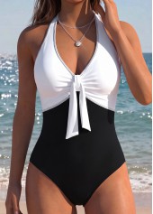 Black Patchwork V-Neck One Piece Swimwear