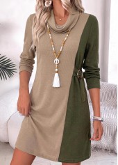 Light Camel Short Patchwork Long Sleeve Cowl Neck Dress