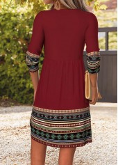Wine Red Tribal Print Short Shirred Long Sleeve Dress | thumb picture 