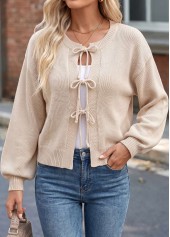 Beige Bowknot Long Sleeve Round Neck Sweater