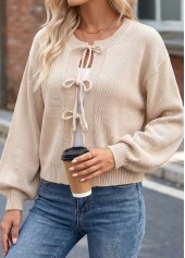 Beige Bowknot Long Sleeve Round Neck Sweater | thumb picture 