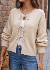 Beige Bowknot Long Sleeve Round Neck Sweater | thumb picture 