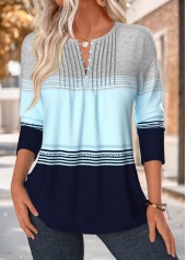 Light Blue Geometric Print Tuck Stitch T Shirt