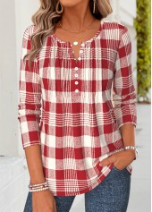 Red Plaid Tuck Stitch Long Sleeve T Shirt