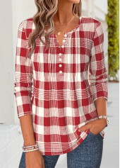 Red Plaid Tuck Stitch Long Sleeve T Shirt | thumb picture 