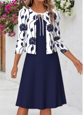 Navy Floral Print Two-piece Long Sleeve Dress and Cardigan