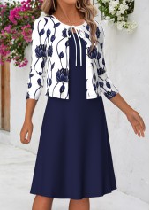 Navy Floral Print Two-piece Long Sleeve Dress and Cardigan | thumb picture 