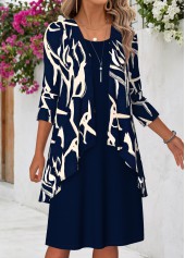 Navy Geometric Print Tummy Coverage Dress and Cardigan | thumb picture 