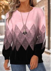 Pink Geometric Print Tummy Coverage Long Sleeve Sweatshirt