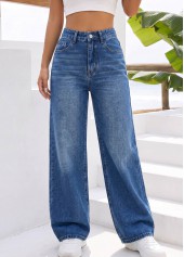 Denim Blue Wide Leg Button Fly High Waisted Jeans