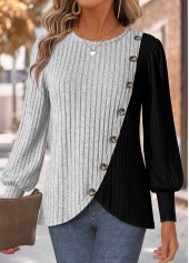 Grey Patchwork Long Sleeve Round Neck T Shirt