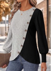 Grey Patchwork Long Sleeve Round Neck T Shirt | thumb picture 