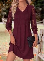 Deep Red Patchwork Long Sleeve V Neck Dress