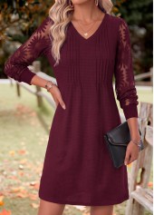 Deep Red Patchwork Long Sleeve V Neck Dress | thumb picture 