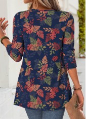 Navy Leaf Print Long Sleeve Fake Two Piece Twinset | thumb picture 