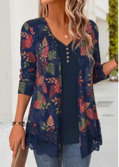 Navy Leaf Print Long Sleeve Fake Two Piece Twinset | thumb picture 
