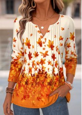 Orange Leaf Print Tuck Stitch Long Sleeve T Shirt