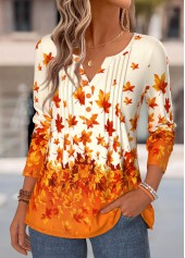 Orange Leaf Print Tuck Stitch Long Sleeve T Shirt | thumb picture 
