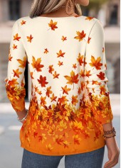 Orange Leaf Print Tuck Stitch Long Sleeve T Shirt | thumb picture 