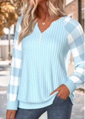 Light Blue Plaid Button Long Sleeve Split Neck Sweatshirt | thumb picture 
