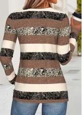 Dark Coffee Striped Shirred Long Sleeve T Shirt | thumb picture 