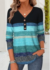 Blue Striped Patchwork Long Sleeve V Neck T Shirt