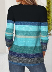 Blue Striped Patchwork Long Sleeve V Neck T Shirt | thumb picture 