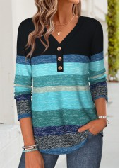 Blue Striped Patchwork Long Sleeve V Neck T Shirt | thumb picture 