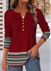 Deep Red Tribal Print Tuck Stitch T Shirt