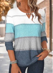 Blue Striped Shirred 3/4 Sleeve Blouse | thumb picture 