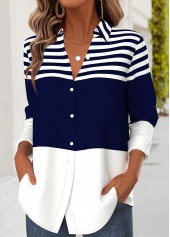 Dark Blue Striped Tummy Coverage Long Sleeve Shirt