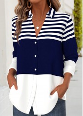 Dark Blue Striped Tummy Coverage Long Sleeve Shirt