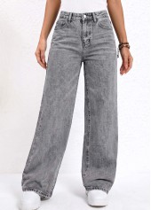 Grey Soft Wide Leg Button Fly High Waisted Jeans