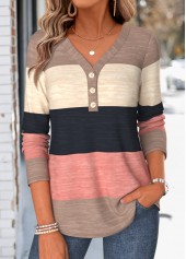 Multi Color Striped Curved Hem Long Sleeve T Shirt