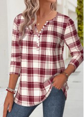 Red Plaid Tuck Stitch Long Sleeve T Shirt | thumb picture 