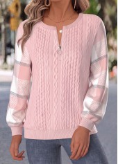 Light Pink Plaid Button Long Sleeve Sweatshirt