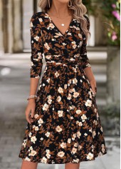 Multi Color Floral Print Surplice Long Sleeve Dress