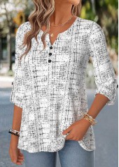 Raw White Geometric Print Curved Hem 3/4 Sleeve Blouse | thumb picture 