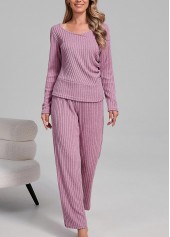 Pink Long Sleeve Scoop Neck Lounge Top and Pants 4