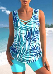 Blue Mid Waisted Criss Cross Leaf Print Tankini Set