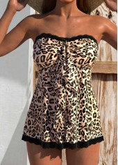 Light Camel Mid Waisted Ruffle Leopard Tankini Set