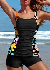 Black Mid Waisted Tummy Coverage Leaf Print Tankini Set | thumb picture 