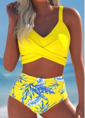 Yellow Mid Waisted Surplice Leaf Print Bikini Set