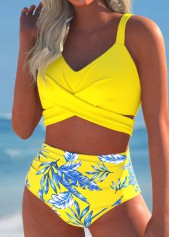 Yellow Mid Waisted Surplice Leaf Print Bikini Set | thumb picture 