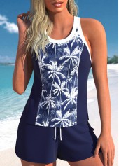 Navy Mid Waisted Bowknot Tropical Plants Print Tankini Set