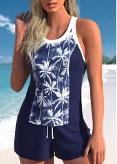Navy Mid Waisted Bowknot Tropical Plants Print Tankini Set | thumb picture 