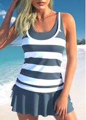 Grey Mid Waisted Fake 2in1 Striped Tankini Set