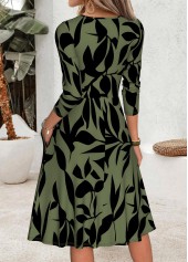 Sage Green Leaf Print Shirred Long Sleeve Dress | thumb picture 