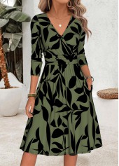 Sage Green Leaf Print Shirred Long Sleeve Dress